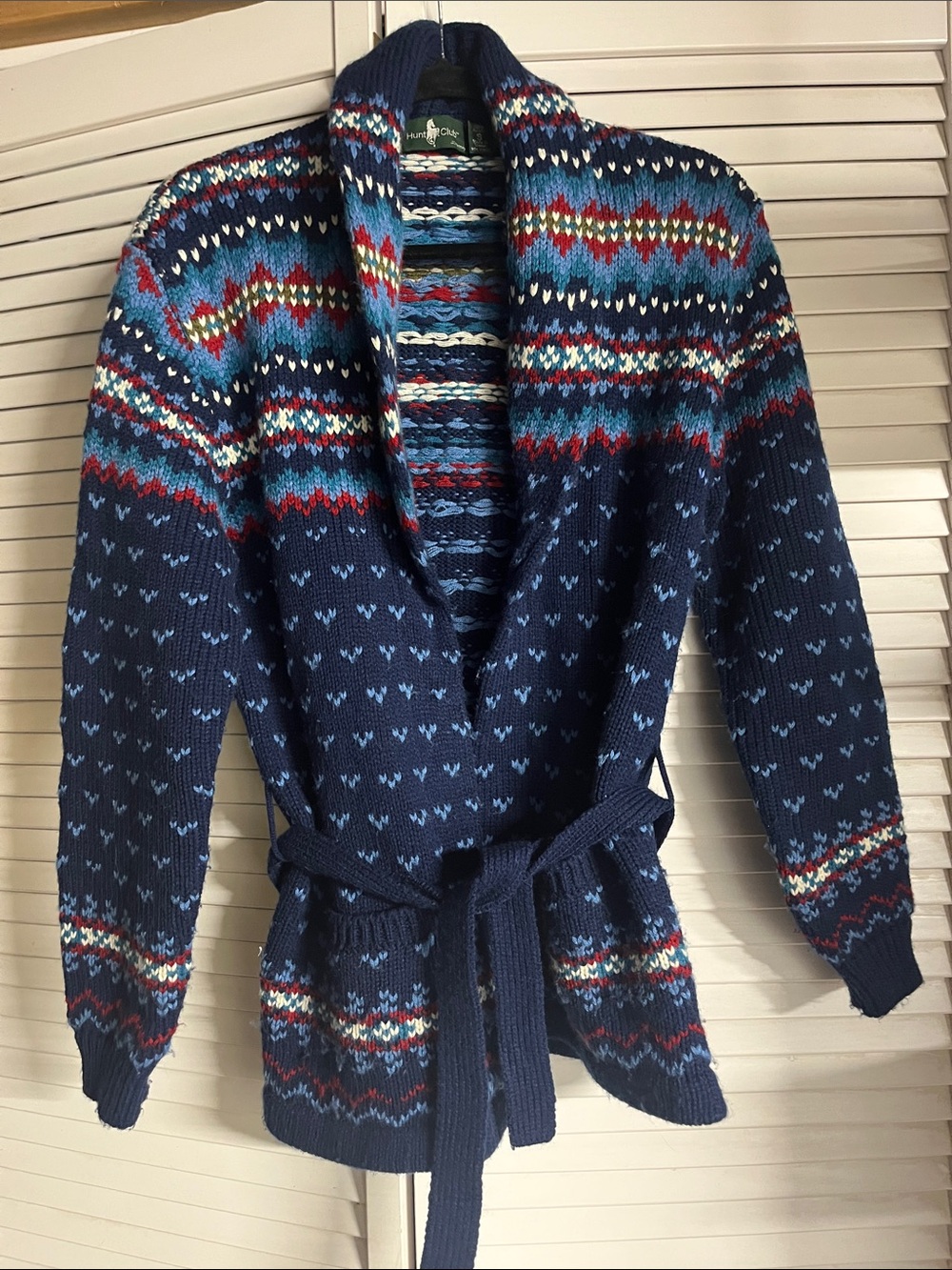 Hunt Club Navy Multicolor Shawl-Collar Belted Cardigan
